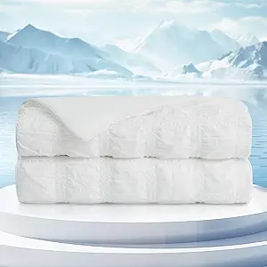 Cozy Bliss Cooling Comforter Twin Size Seersucker Plaid, Q-Max 0.4 Reversible Lightweight Cooling Blanket, Breathable Silk Smooth Summer Bedding Quilt for Hot Sleepers Night Sweats White