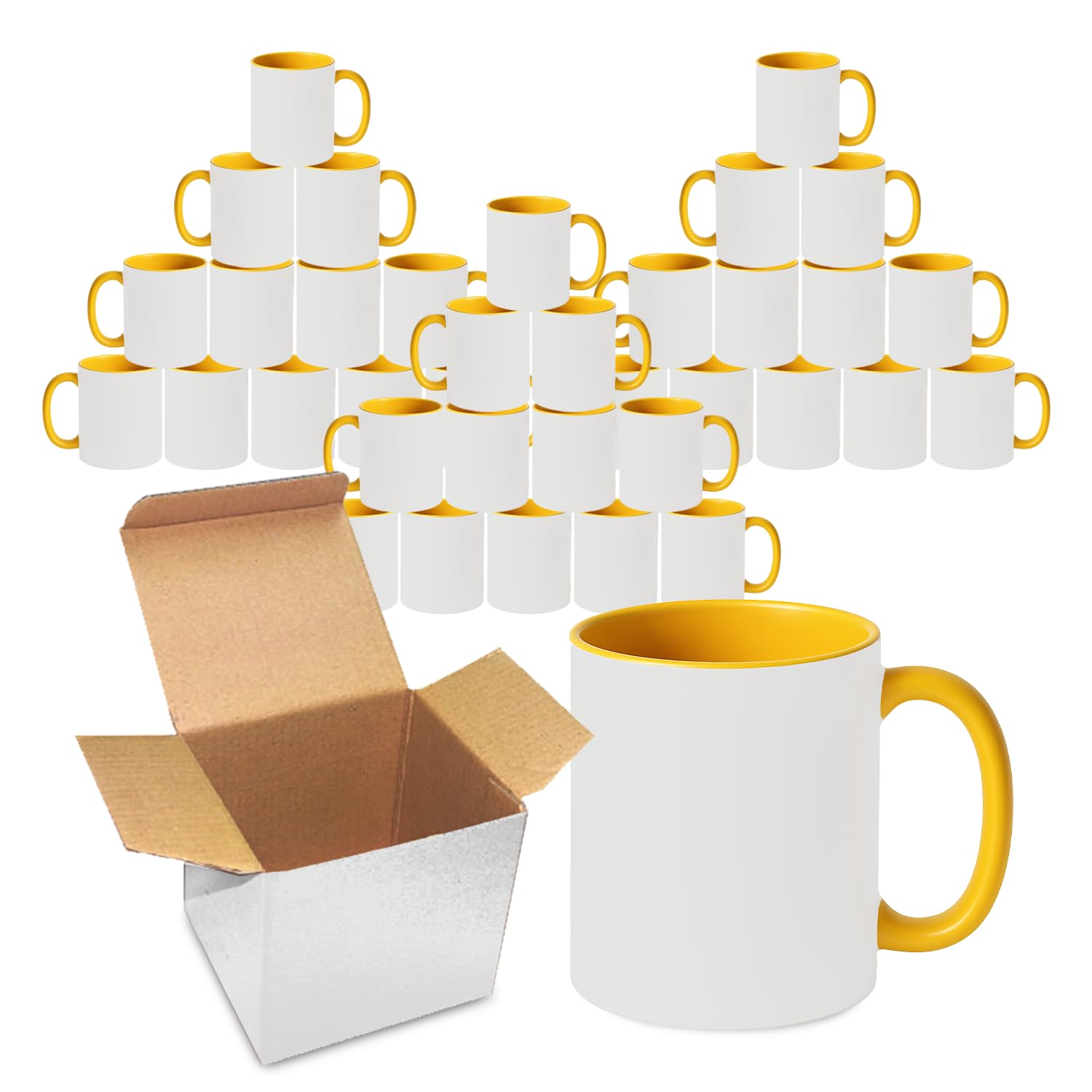 Sublimation Mugs 11oz Blank with Coloured Large Handle & Inner with Box | Durable, Ceramic Orca Finished Mugs Perfect for Custom & DIY Printing, for Loved Ones | Yellow Bulk Pack of 36