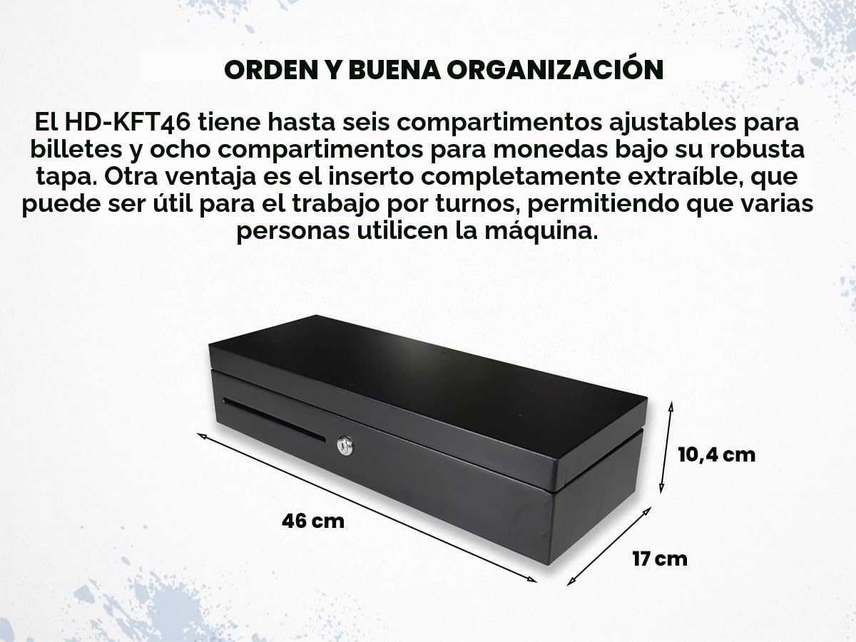 HDWR HD-KFT46 Cajón de caja con casete extraíble, cierre 2 posiciones | 6 compartimentos de billetes, RJ12 para impresora de tickets, acero laminado en frío