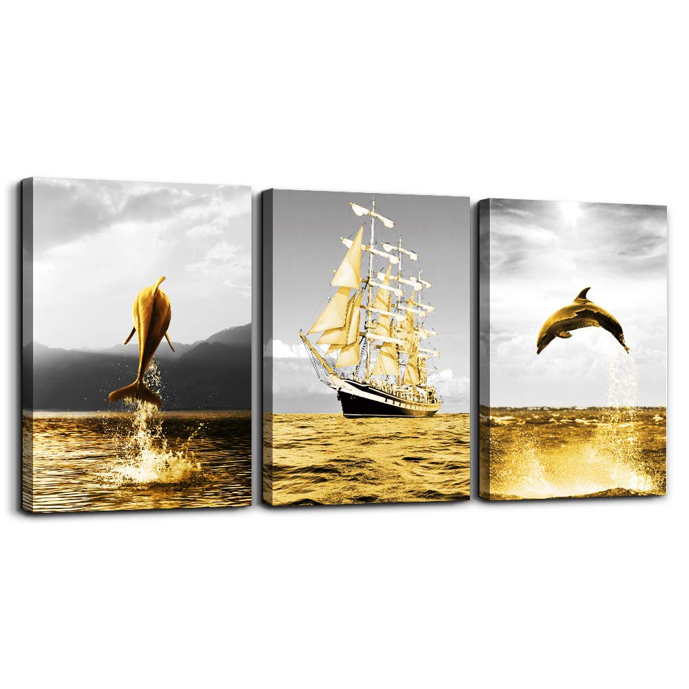 Wall Art for living room bathroom wall decorations for bedroom kitchen artwork Canvas Prints 12x16 inch/piece, 3 Panels Home bathroom Wall decor posters golden ocean fish and the sailboats painting
