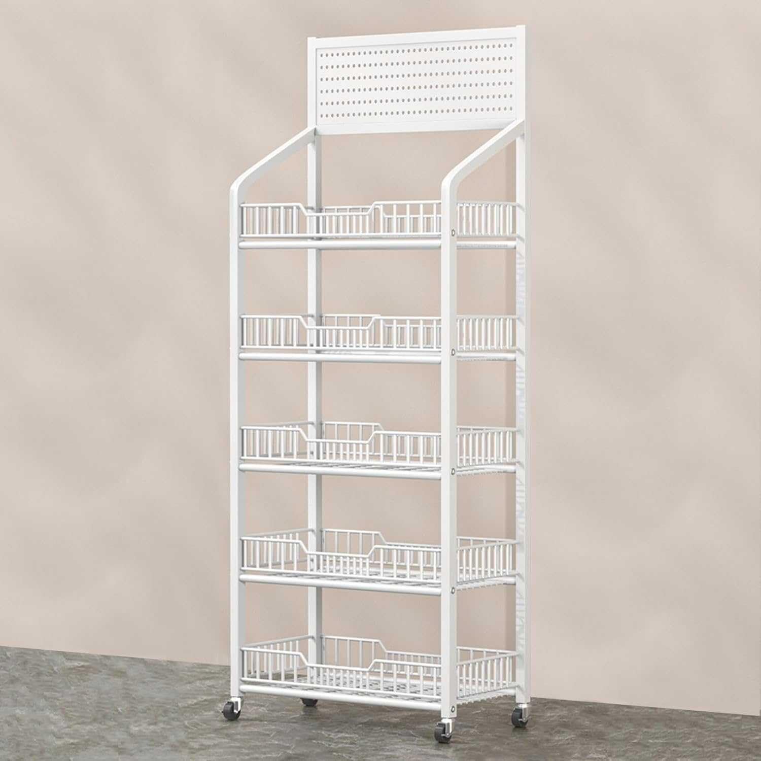 AYCDL Retail Display Rack, Portable Snack Organizer with Wheels, Supermarket Candy and Fruit Display Stand,White-5 step