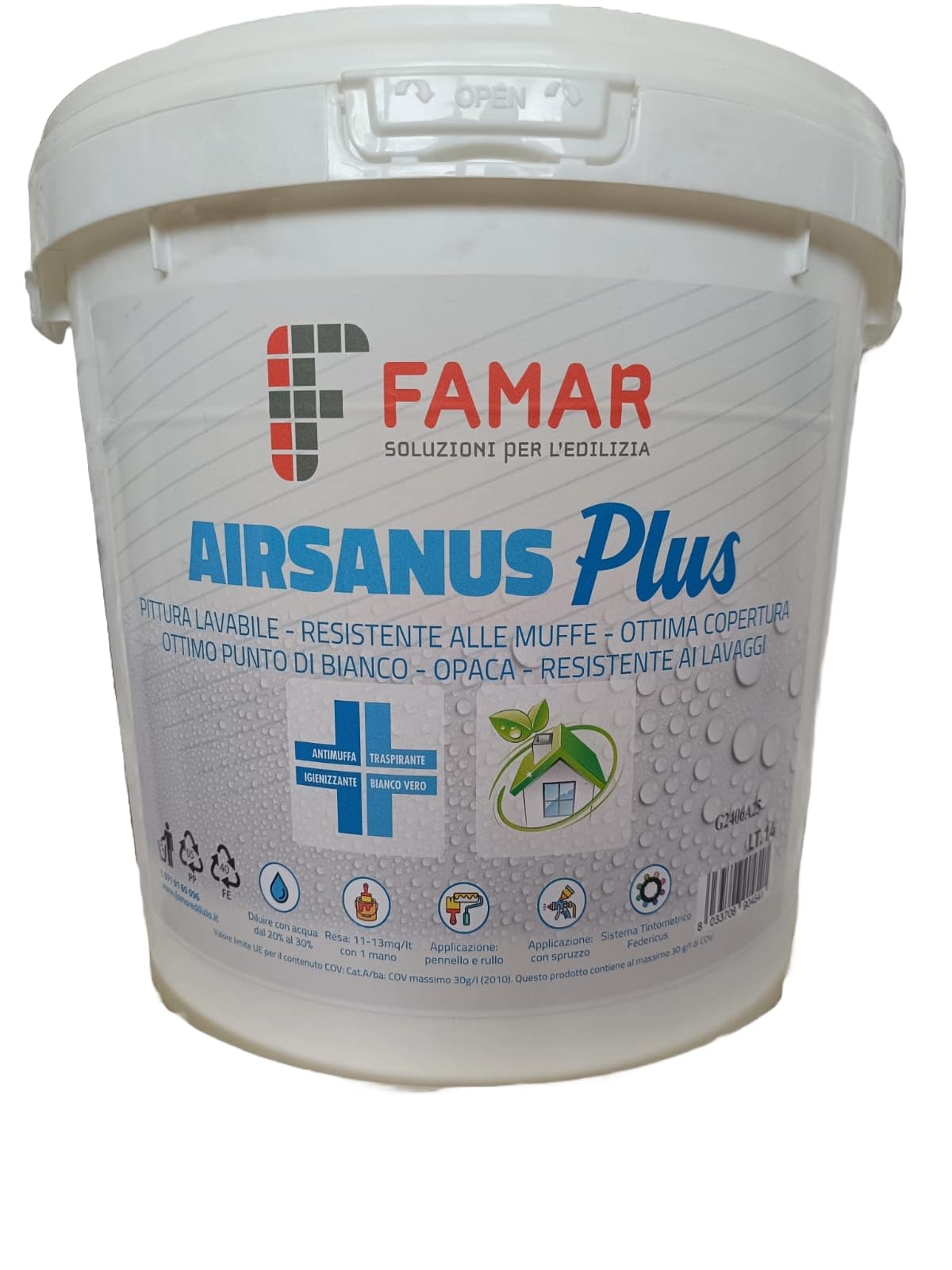 Generico Pittura Famar Airsanus Plus 14l - Vernice lavabile antibattericida antimuffa traspirante opaca resistente ai lavaggi bianco vero igienizzante traspirante