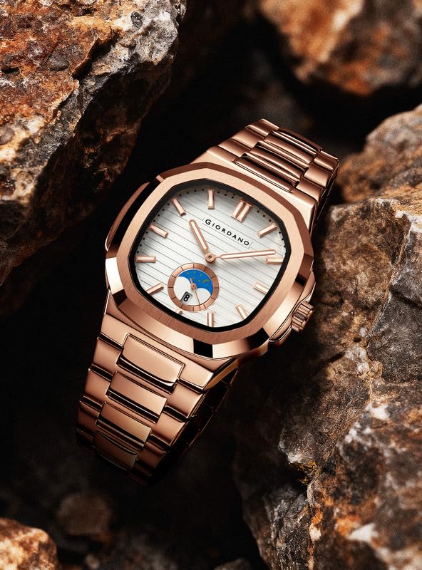 Image of Giordano Analog Watch for Men - Classic Moon Phase Design with Textured Dial, Durable Stainless Steel Strap, and Date Display