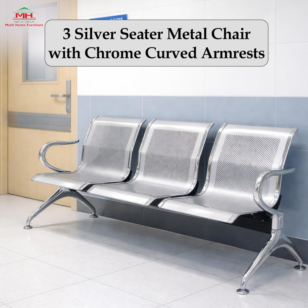 Multi Home Furniture 3 Silver Seater Metal Airport Chair with Chrome Curved Armrests | Public Waiting Chair for Office, Hospital, Reception, School & Home Office | Durable Steel Visitor Bench Seating