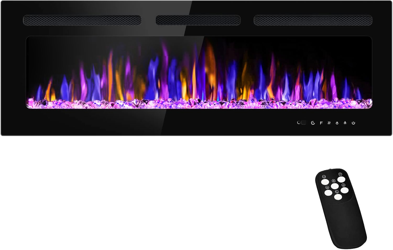 50" Electric Fireplace Wall Mounted and Recessed with Remote Control, 750/1500W Ultra-Thin Wall Fireplace Heater W/Timer Adjustable Flame Color and Brightness, Log Set & Crystal Options