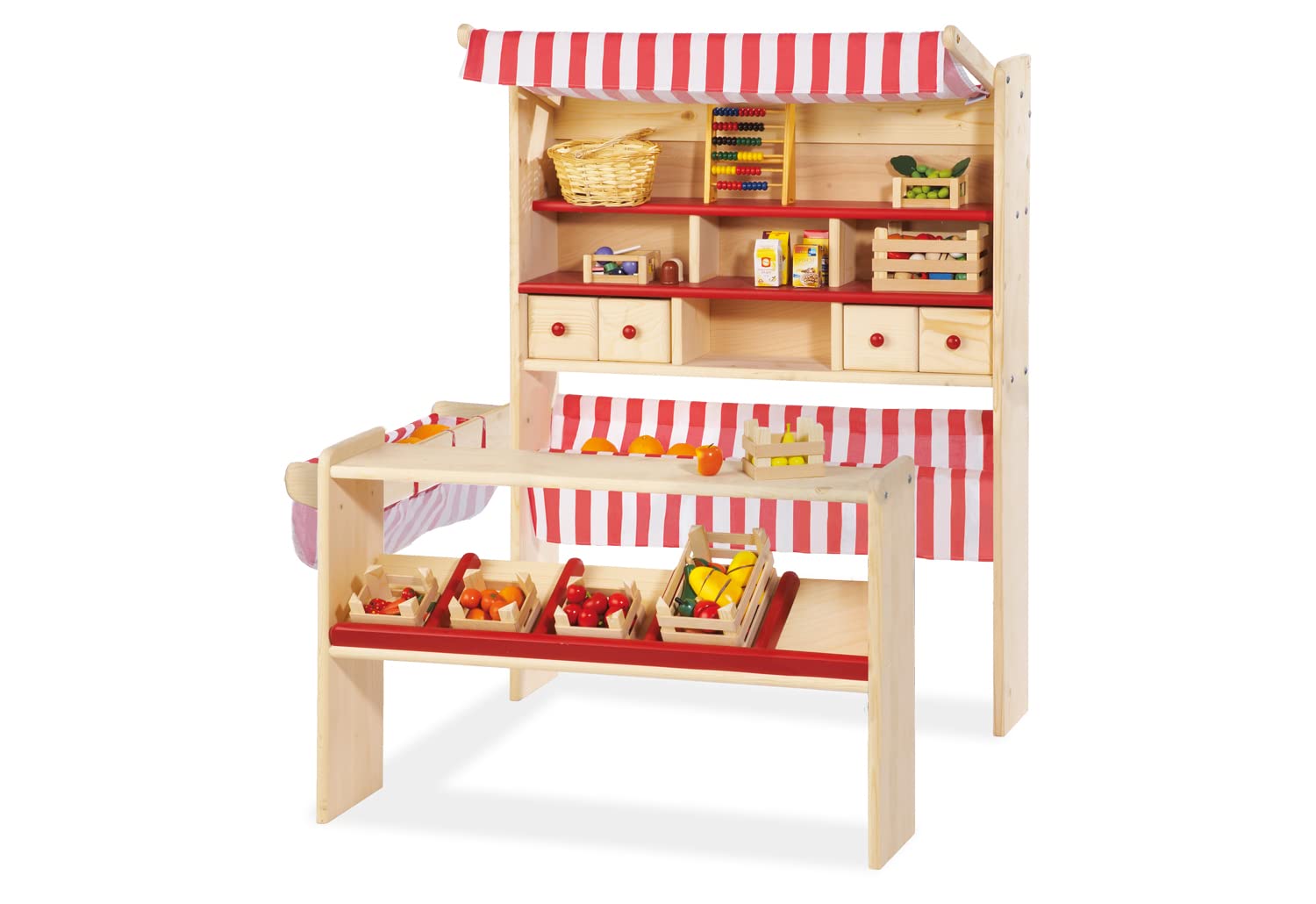 Pinolino Marktstand Lucy, massives Holz, besonders standfest, Tresen rechts oder links montierbar, für Kinder ab 2 J., rot