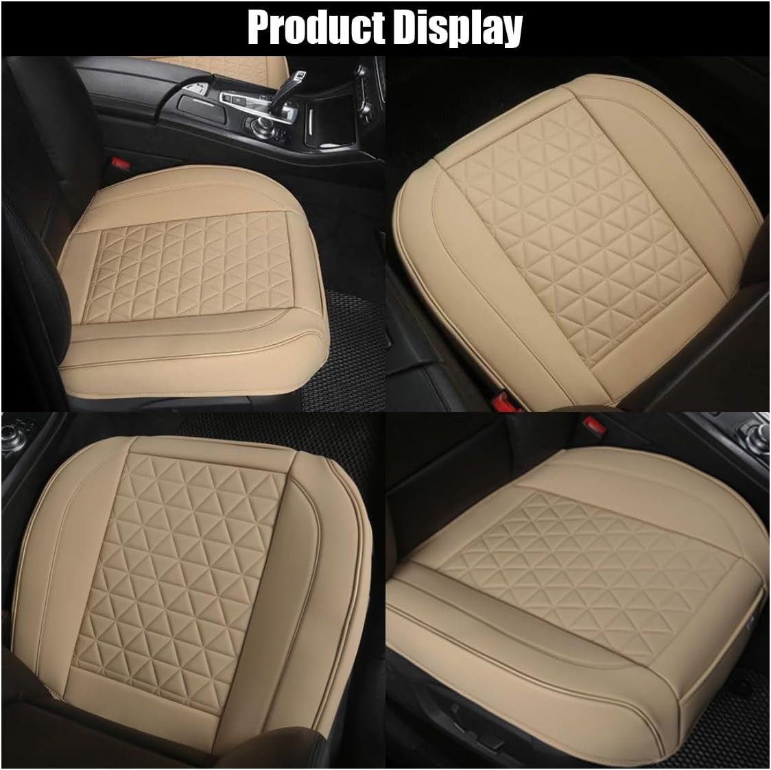 GLSOWEE Leather Car Seat Cover, Auto Front Bottom Seat Cover Luxury Car Seat Protector Anti-Slip Waterproof Cushion Cover with Storage Pocket, for Most Cars, Trucks, SUVs (Beige)
