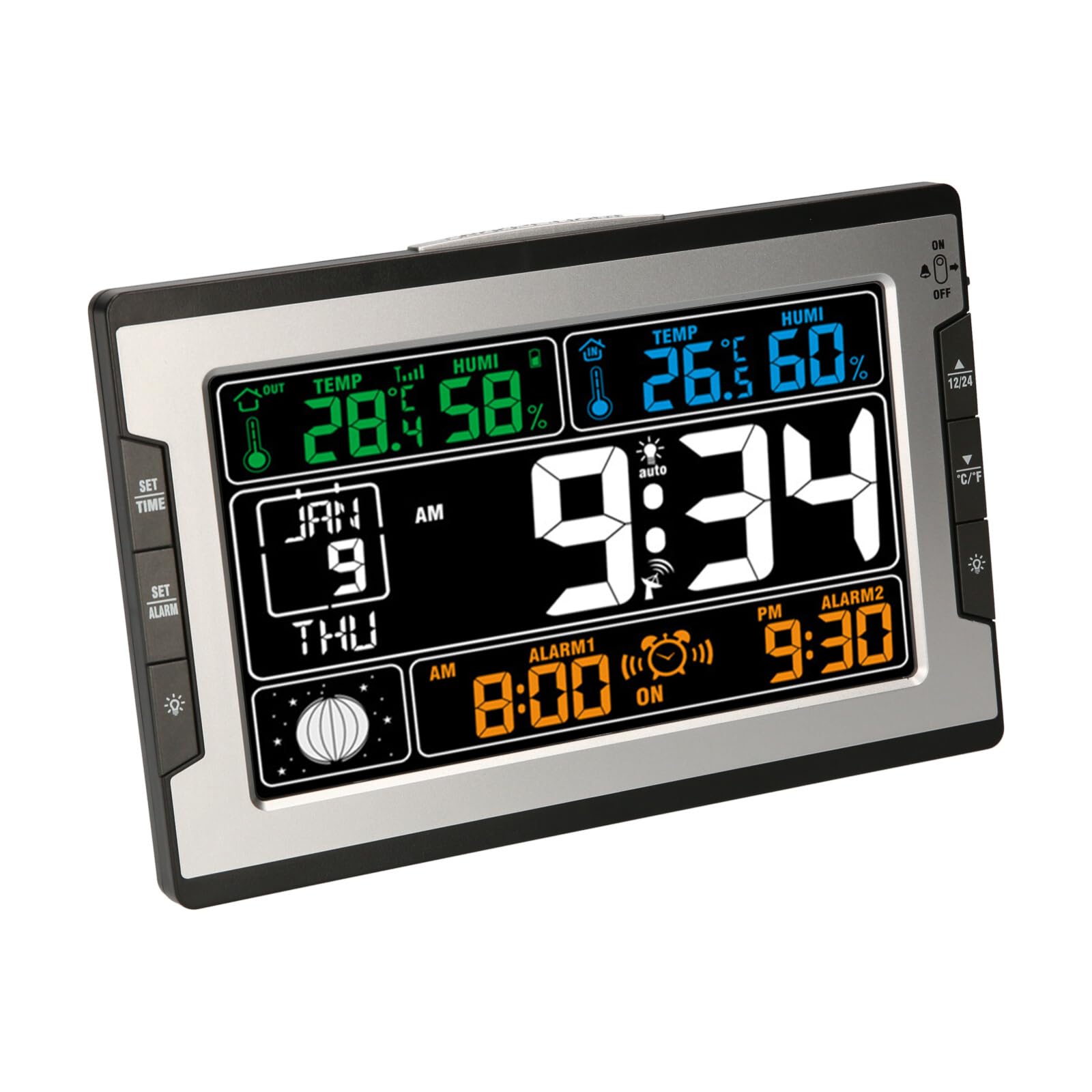 Orologio Digitale per Temperatura Interna ed Esterna, umidità, termoigrometro, igrometro, Ampio Display a Colori, retroilluminazione, Calendario perpetuo, Fase lunare, Allarme