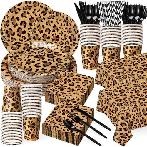 Image of Funnymoom 452 Pcs Leopard Print Party Decoration Cheetah Print Paper Plates Napkins Cups Tablecloth Cutlery Straws Tableware for Jungle Safari Animal Theme Birthday Baby Shower Party Supplies Serve 50