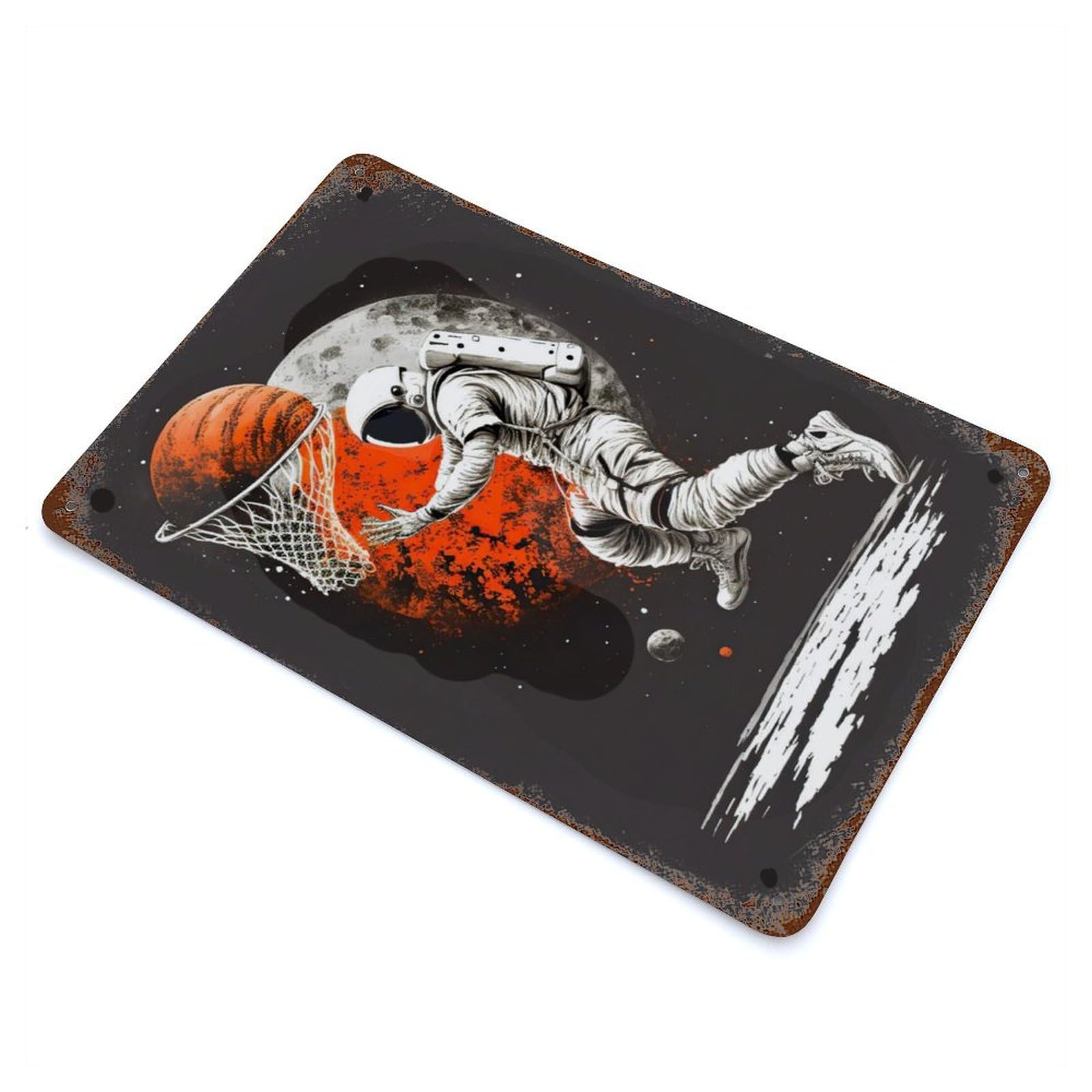 Rusty Metal Tin Sign with Astronaut Basketball Design 11.8"x7.9", for Farmhouse, Kitchen And Entryway Decor, Rustic Home Decor