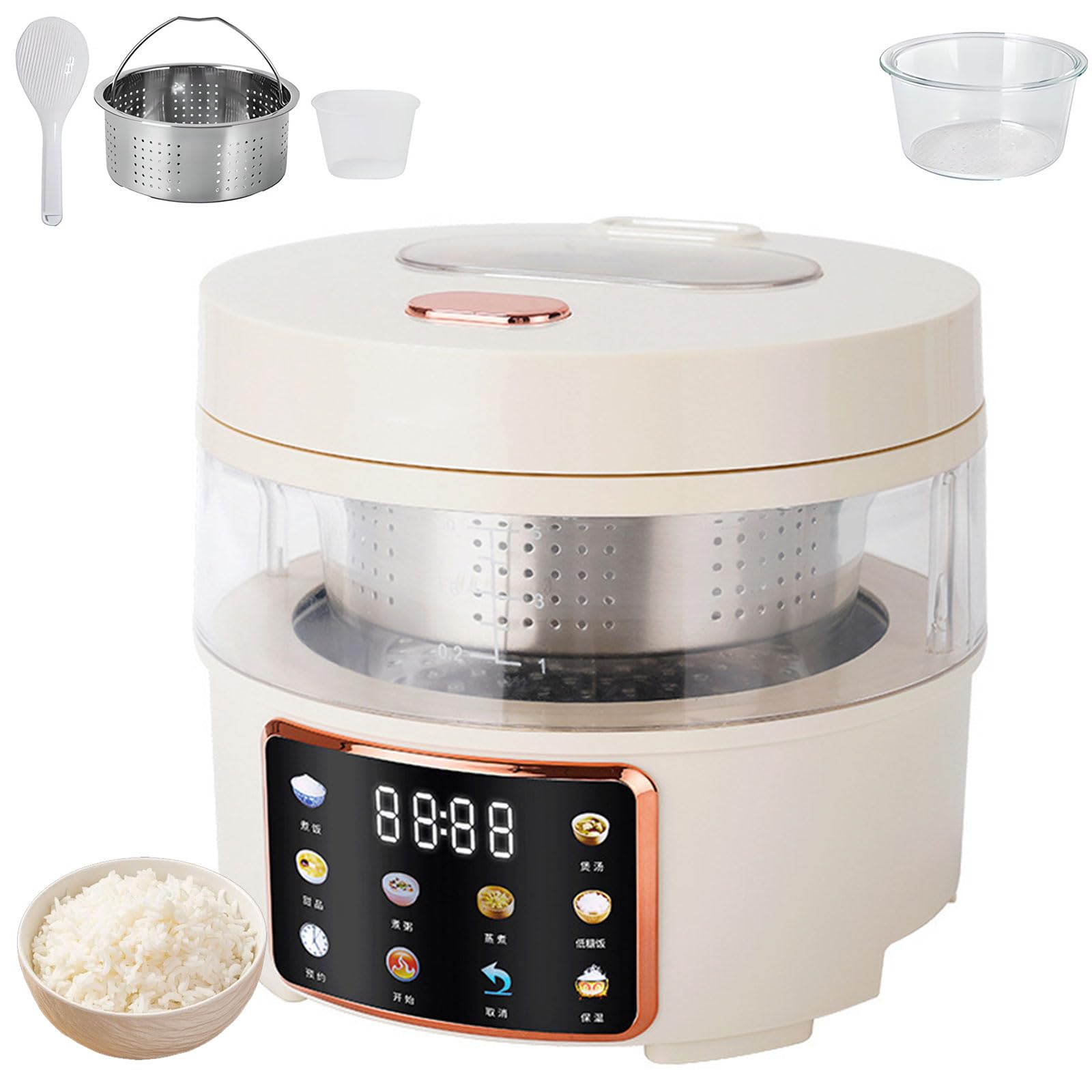 Szklany Garnek do Ryżu 2,5L, 400W Low Sugar Ryżowar, Inteligentny Timer 24H | Ryżowar Parowy z Koszem Ociekowym ze Stali & 6 Trybami, Przezroczyste Okno i Szklane Wnętrze, do Domu i Podróży