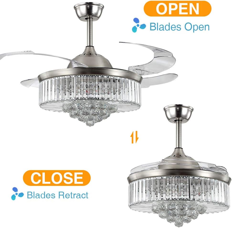 Buy 2 get 3 Crystal Chandelier Ceiling Fan with LED Light and Remote Control, 42 Modern Retractable Blade Ceiling Fans Light, 3 Lights Color and 6 Speeds, Perfect for Indoor, Living Room, Bedroom (Crystal Silver)…