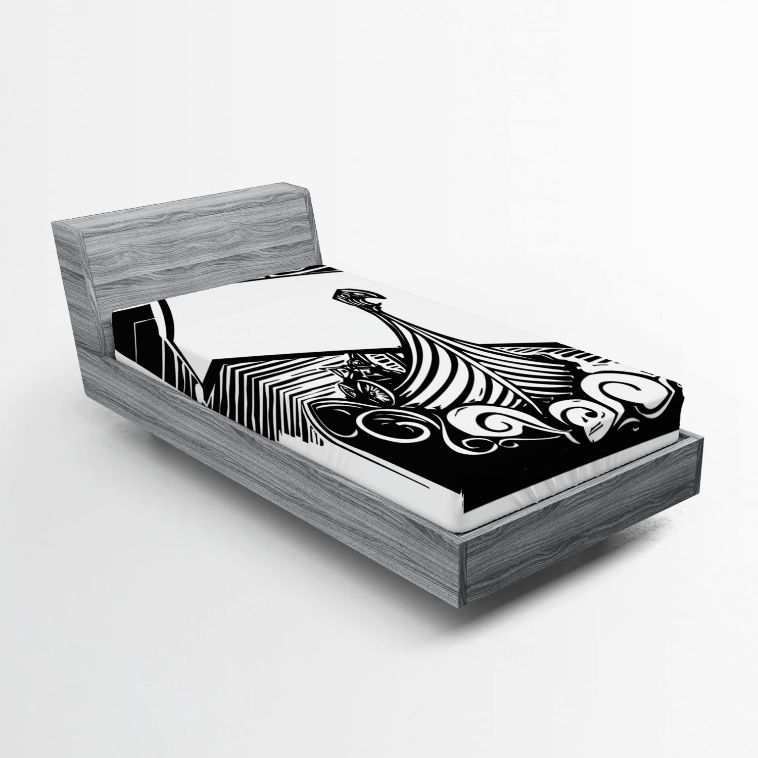 Ambesonne Nordic 2 Pack Fitted Sheet, Viking Longboat on Waves, Bed Cover All-Round Elastic Deep Pockets 2 Pieces, Package Contains 2 Twin Size Fitted Sheets, Charcoal Black