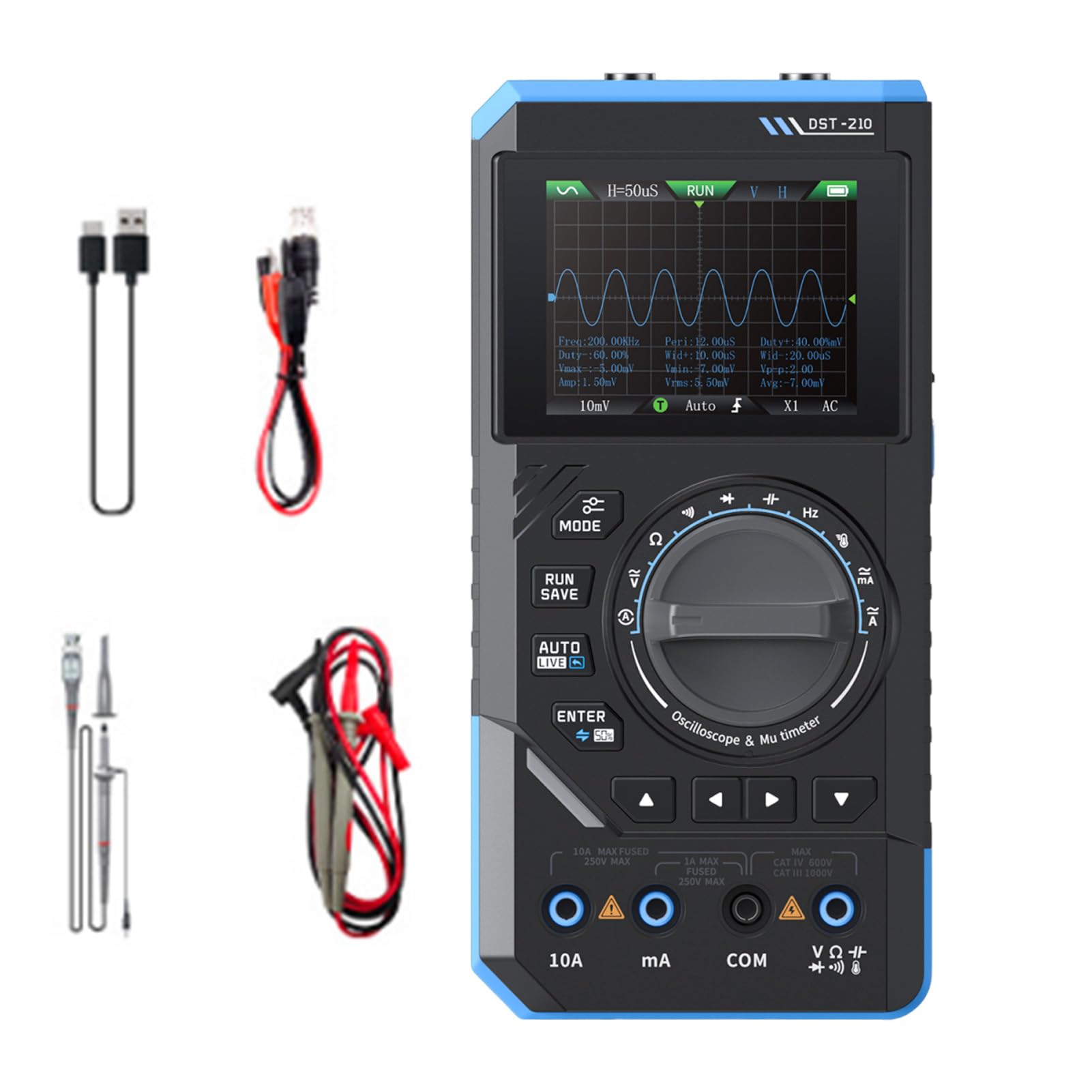 DST-210 Handoszilloskop, 3 in 1 Digitaler Multimeter Oszilloskop Signalgenerator 10 MHz Bandbreite 19999 Zählwerke 48 MSPS Abtastrate AC DC Spannung Strom Kapazität Widerstand Prüfung