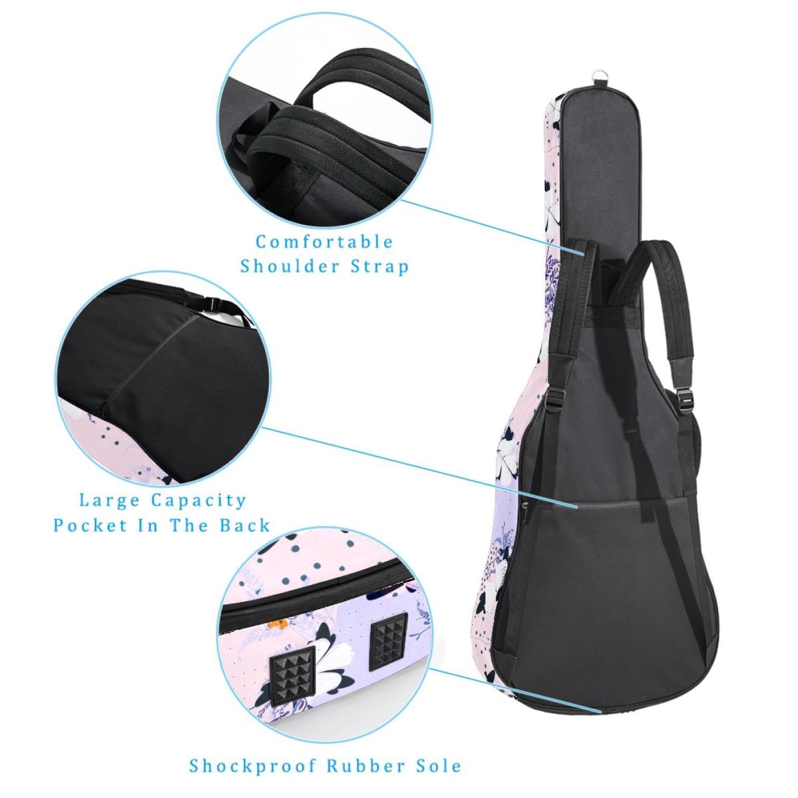 Torba na gitarę akustyczną Wodoodporny plecak na gitary Grube miękkie wyściełane kwiaty i motyle Klasyczna obudowa na gitarę, wielobarwny, 42.9x16.9x4.7 in, Organizer do torby