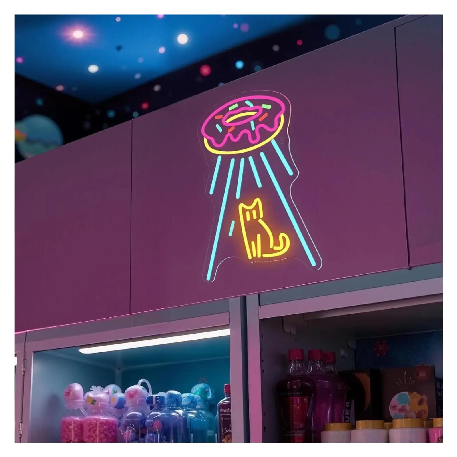 LED néon signe Enseigne Au Néon En Forme De Donut, Motif Chat Alimentée Par USB Intensité Variable Pour Chambre À Coucher, Bar, Salon, Fête D'anniversaire, 42cmx27cm