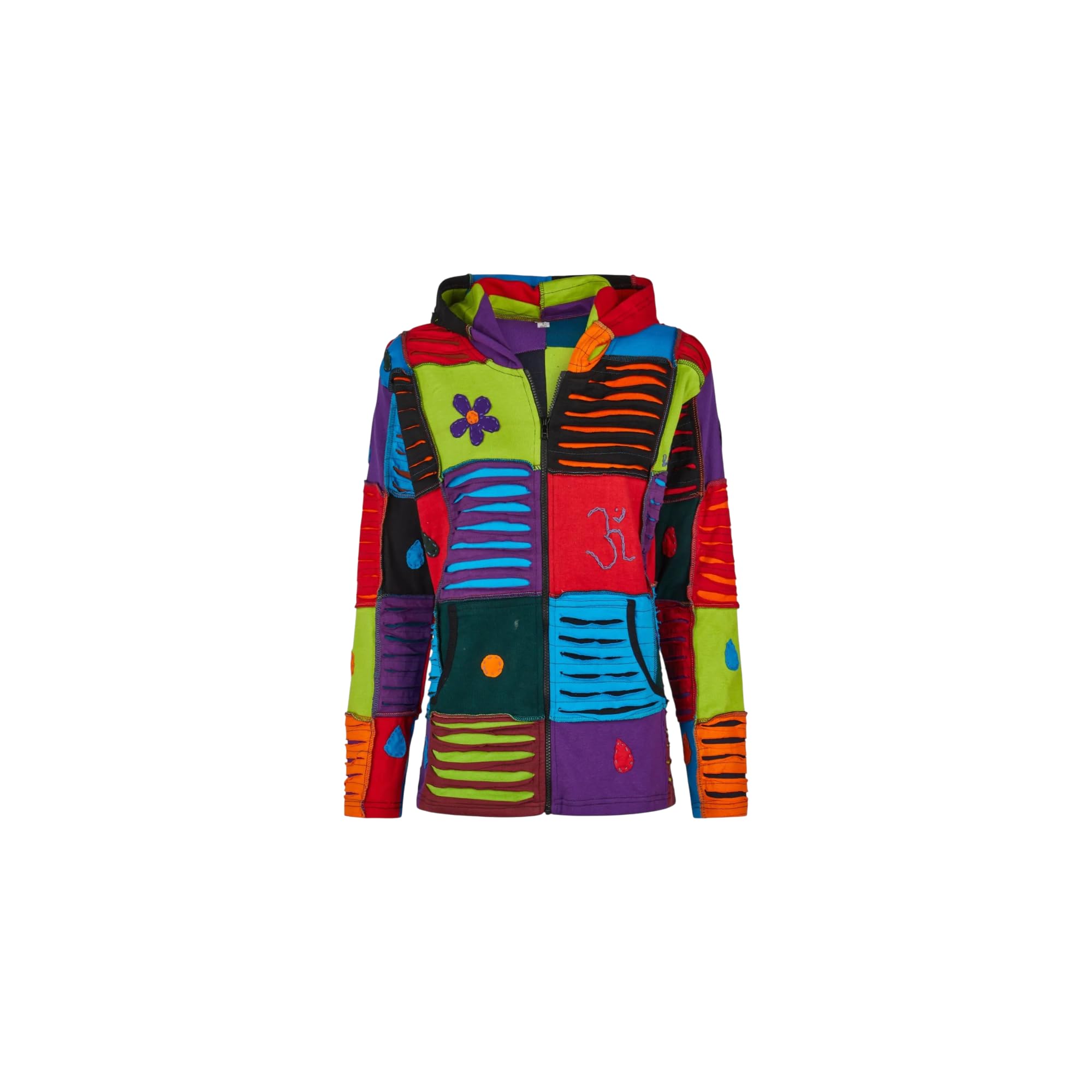 Damen Baumwoll Patch Jacke Bunt – Handgefertigte Boho Kapuzenjacke mit Rillenmuster & Stickerei – Fair Trade Hippie Jäckchen Nepal – Bunt Mix