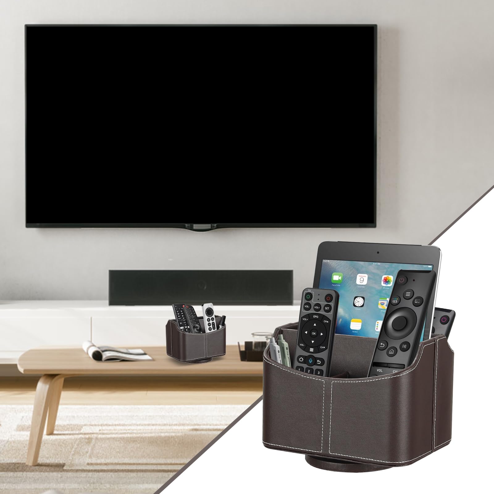 360 Grad Fernbedienung Halterung, Fernbedienungshalter mit 5 Taschen, Fernbedienung Organizer für TV, DVD, 4K Stick und Bluray Fernbedienungen, Braun
