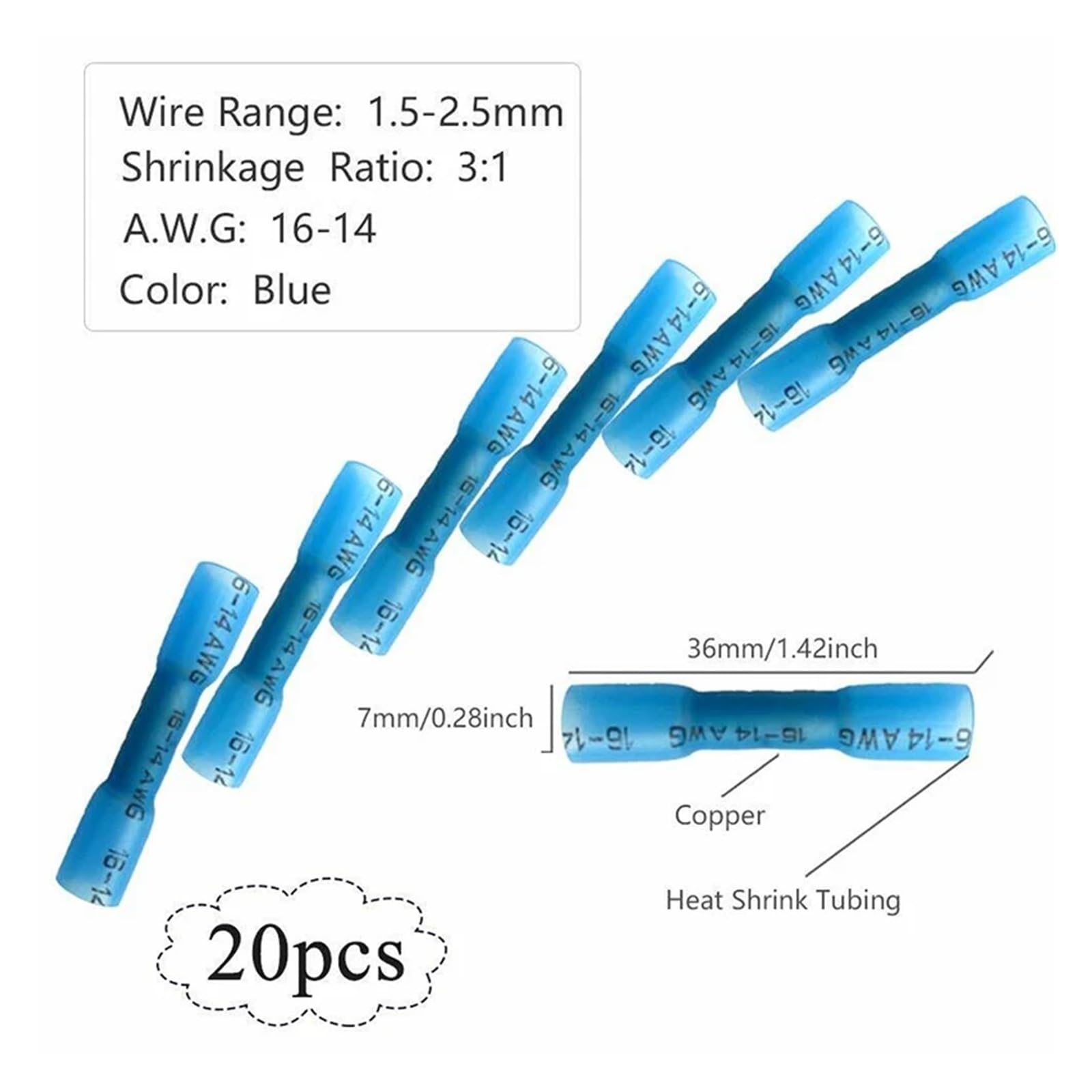 50 connettori termorestringenti per cavi auto, terminali a crimpare, 18-22 AWG e 16-14 AWG.