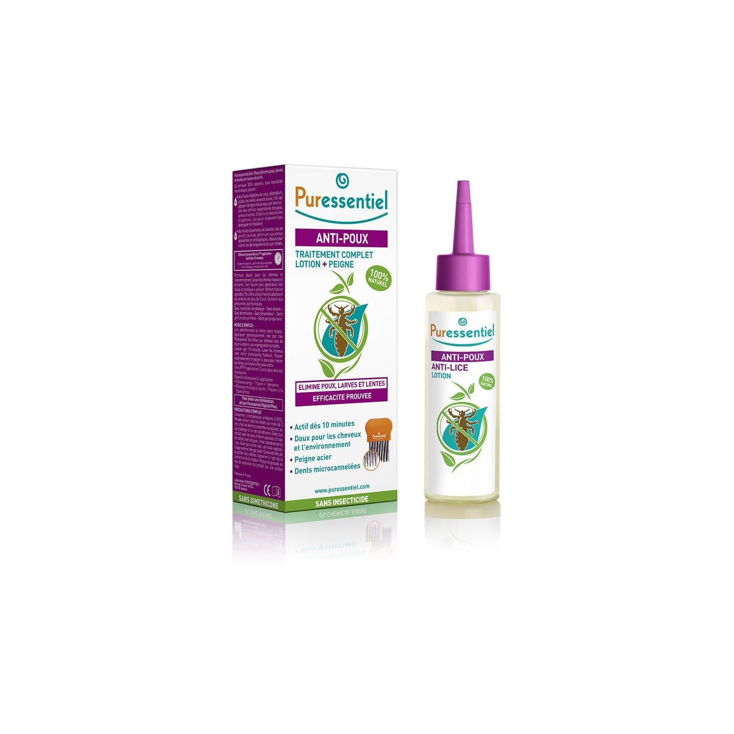 PURESSENTIEL – Lotion Anti-poux Efficace pour Enfants, Texture Légère et Peigne Inclus (100 mL) - lot de 2 - Vendu par Lot