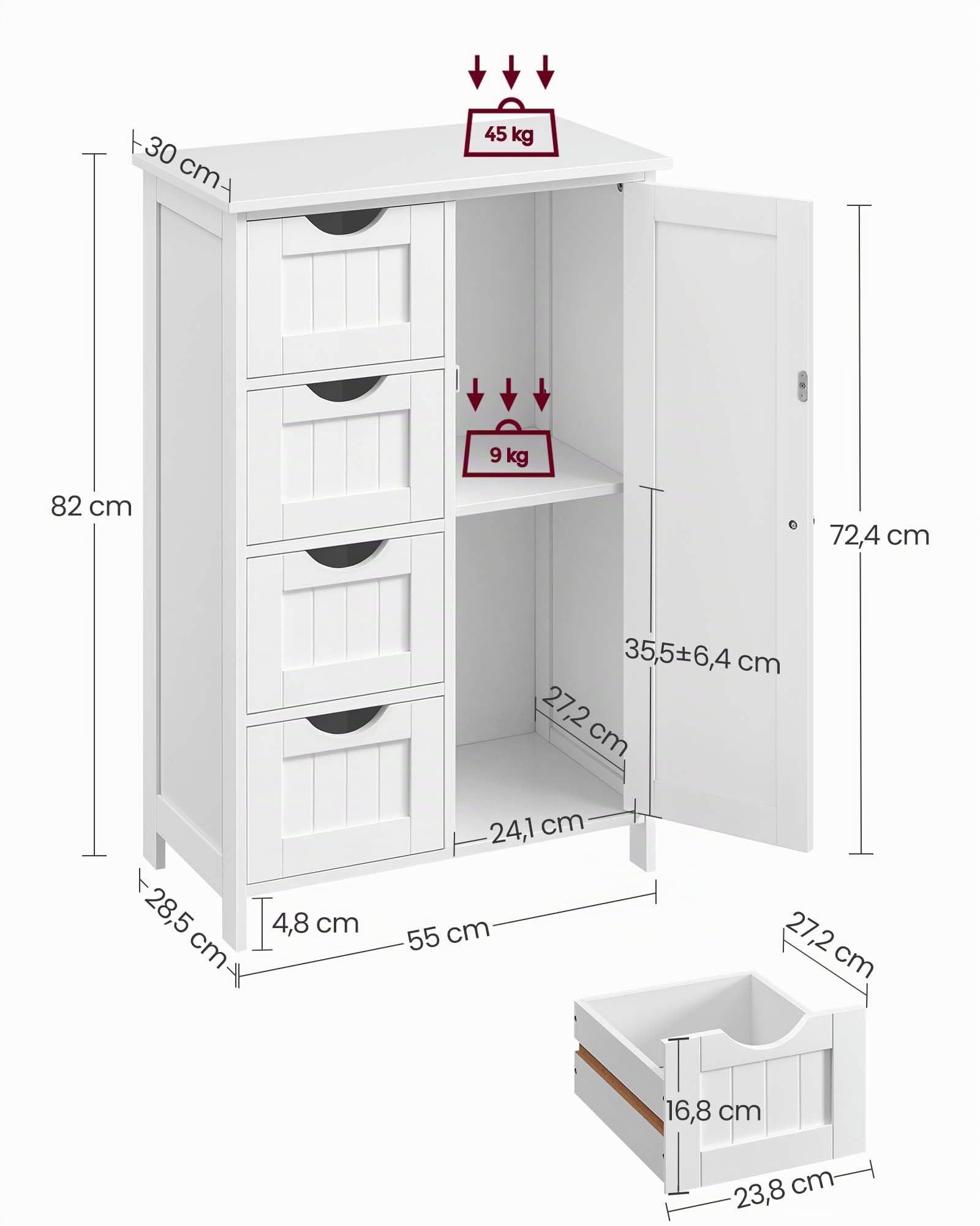 VASAGLE Mobile da Bagno, Armadietto Autoportante, Mobiletto in Legno con 4 Cassetti e Anta, Ripiano Regolabile, per Soggiorno, Cucina, Corridoio, Bianco LHC41W