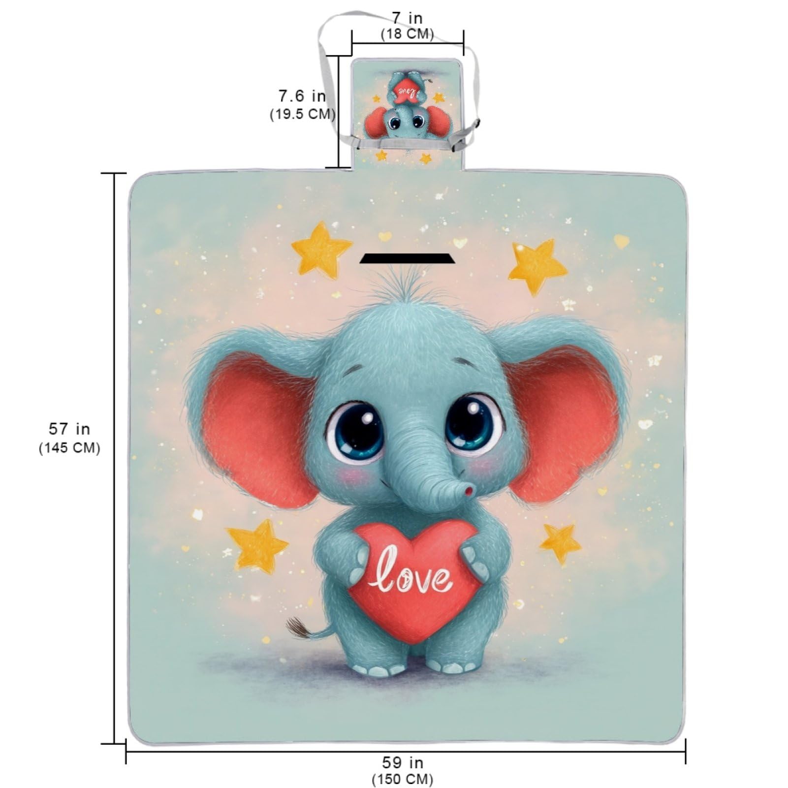 Couverture de pique-nique imperméable en forme d'éléphant mignon - Tapis de pique-nique extra large - 150 x 145 cm - Couverture de plage lavable et pliable - Accessoires de camping pour