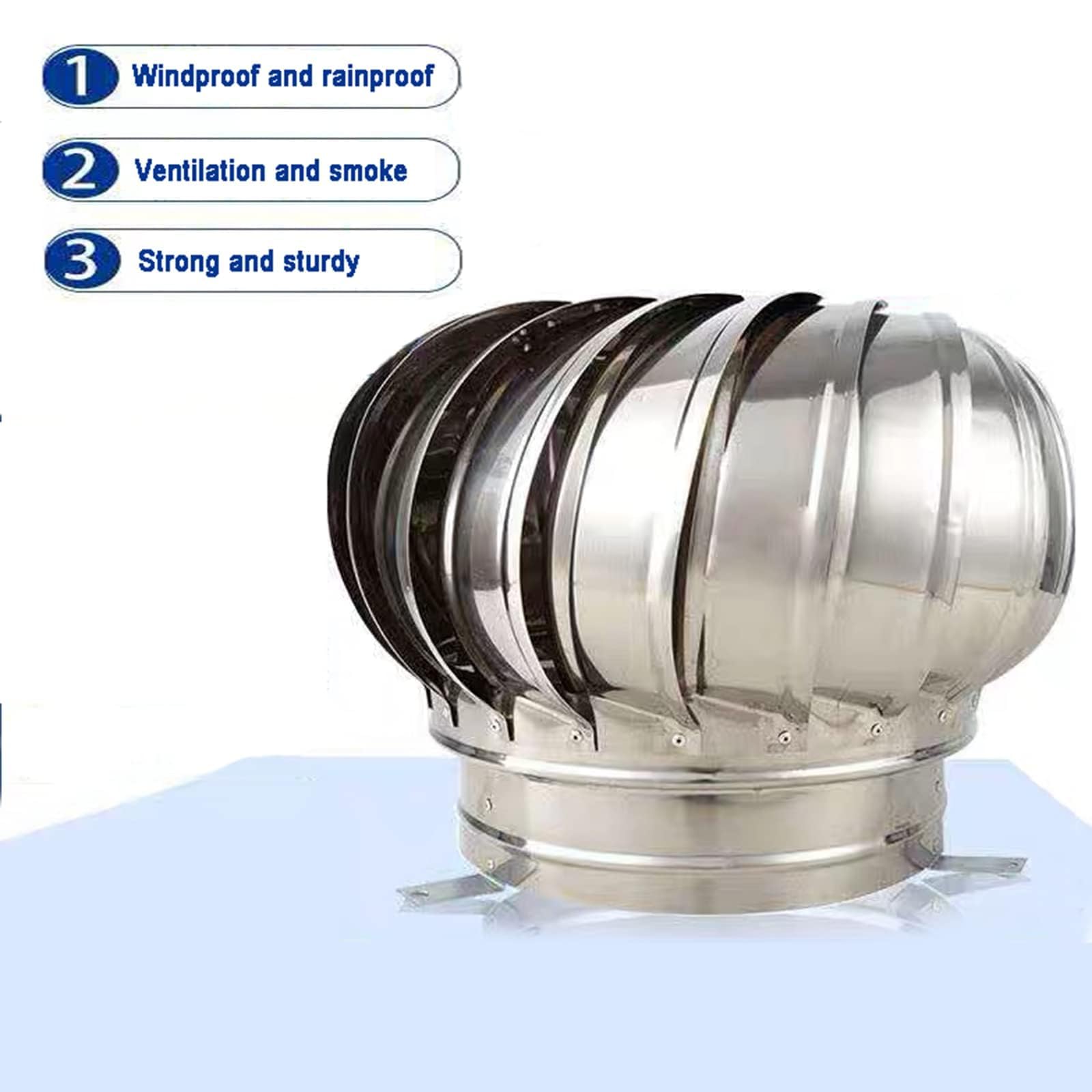 Sombrerete Giratorio para Chimenea, de Acero Inoxidable de 300-450 mm, con Patas fijas, antiviento, para tuberías de PVC, conductos de Humos en tejados y Granjas.