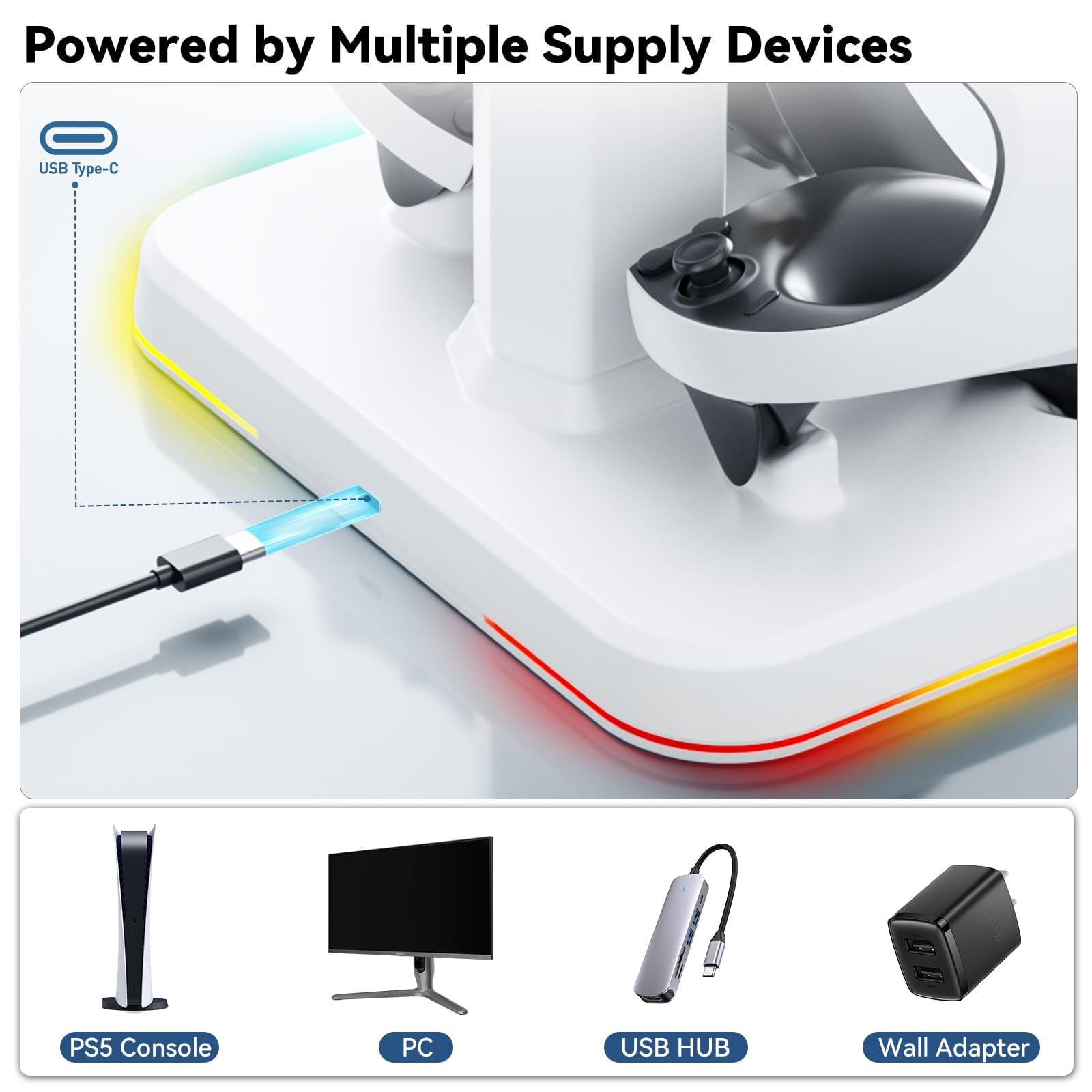 Kosker Base di Ricarica PSVR2, 9 Modalità RGB Supporto per Occhiali VR2 con Caricatore PS VR2 Magnetico, Supporto di Carica PSVR2 con Supporto per Controller e Cavi, Accessori PlayStation VR2