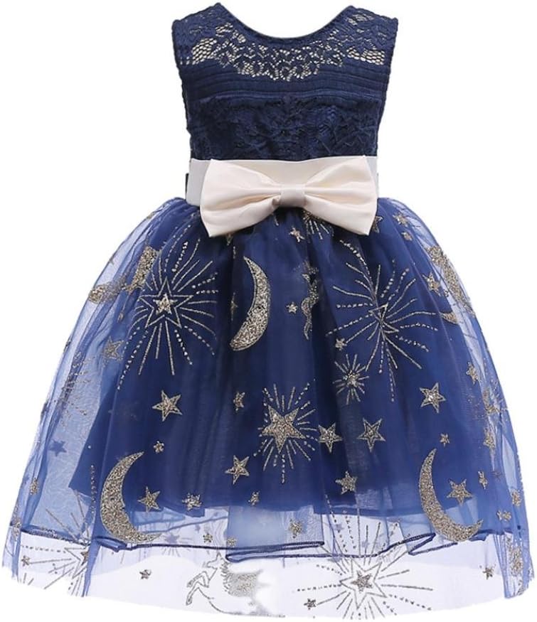 Efaster Baby Girl Sleeveless Bowknot Glitter Moon Stars Hollow Mesh Tutu Dress