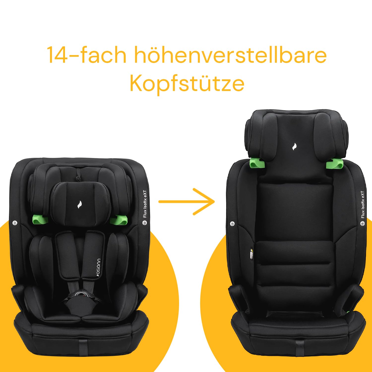 OSANN - Fotelik samochodowy dla dzieci Flux Isofix eXT i-Size Top-Tether ze zintegrowanymi czujnikami - 76-150 cm - 15 miesięcy do 12 lat - Grupa 2/3 -, 14-pozycyjne wysokości