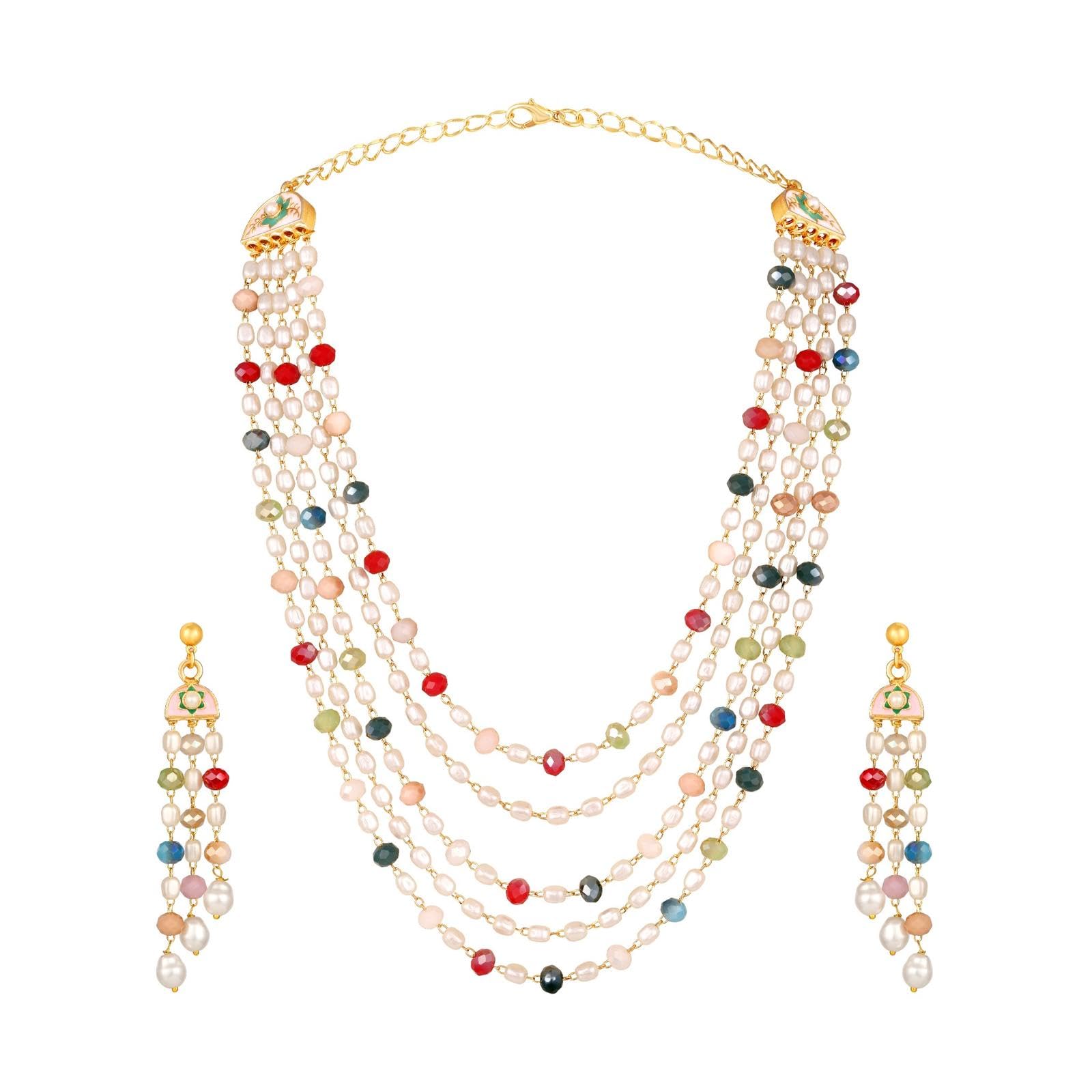 Five Layer Crystal Beaded Necklace- Size 10 " with Matching Earrings | Multicolor Statement Jewelry for Women | Handmade Indian Ethnic Design for Festivals, Weddings, Parties, Traditional Fashion-image-41