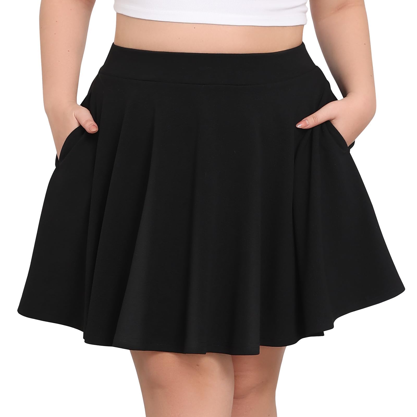 Minifalda de patinadora básica versátil para mujer, talla grande, elástica, acampanada, casual, con bolsillos