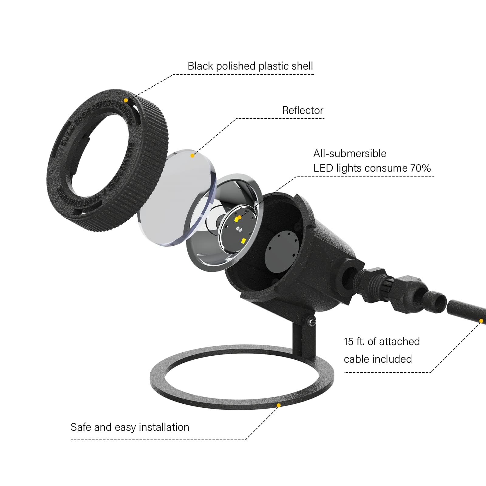 VENUS MANUFACTURING Niskonapięciowa lampa LED do stawu, 135 lumenów, 12 V, podwodna, zanurzeniowa, 2900 K, ciepłe białe światła, czarna fontanna z wodospadem, do basenu, ogrodu, oświetlenie krajobrazu
