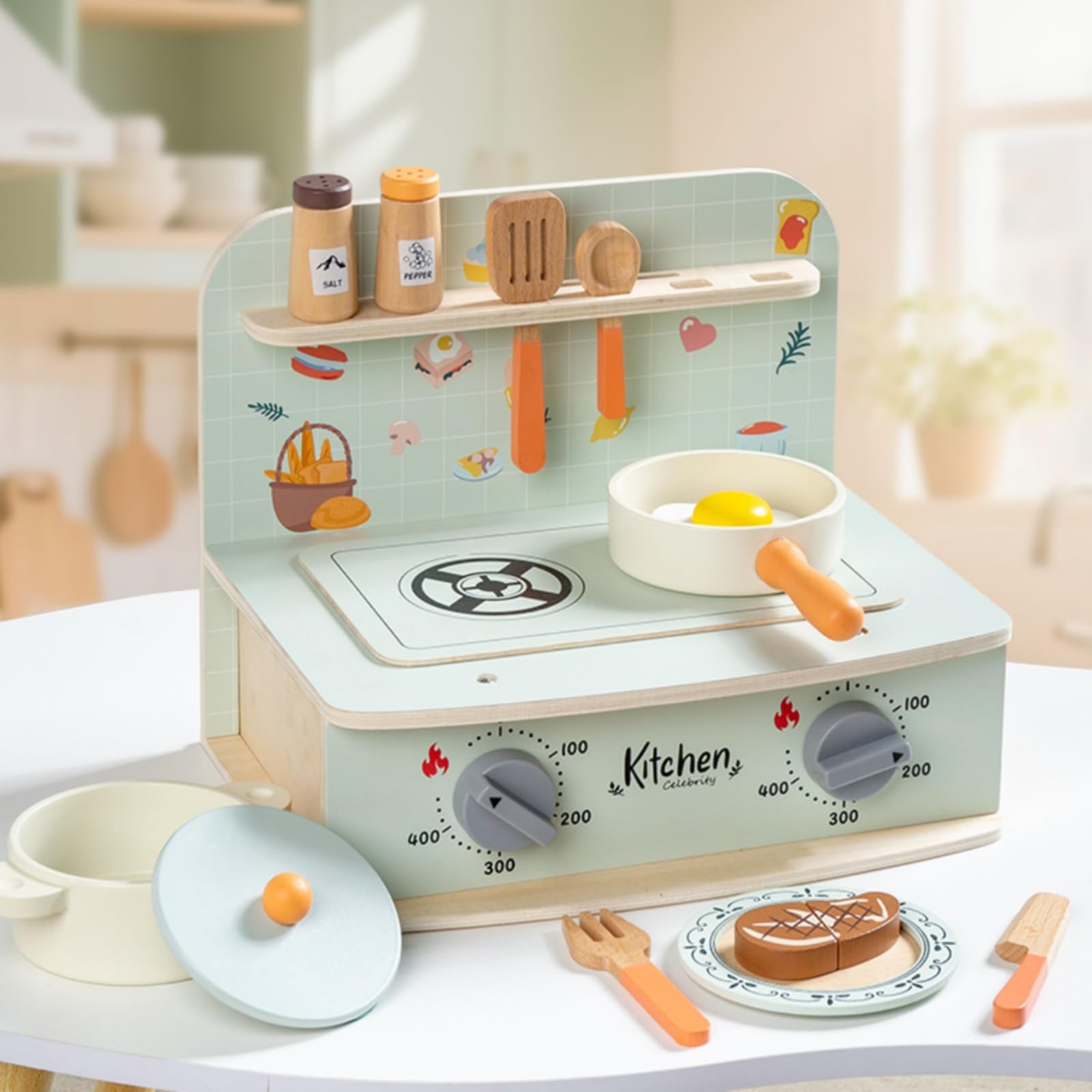 Amagogo Cucina Giocattolo per Bambini Giocattolo Piano Cottura Set Accessori Gioco di Ruolo Legno con Pomelli Grafiche Tema Adatta per Gioco Quotidiano Regali Casa Area