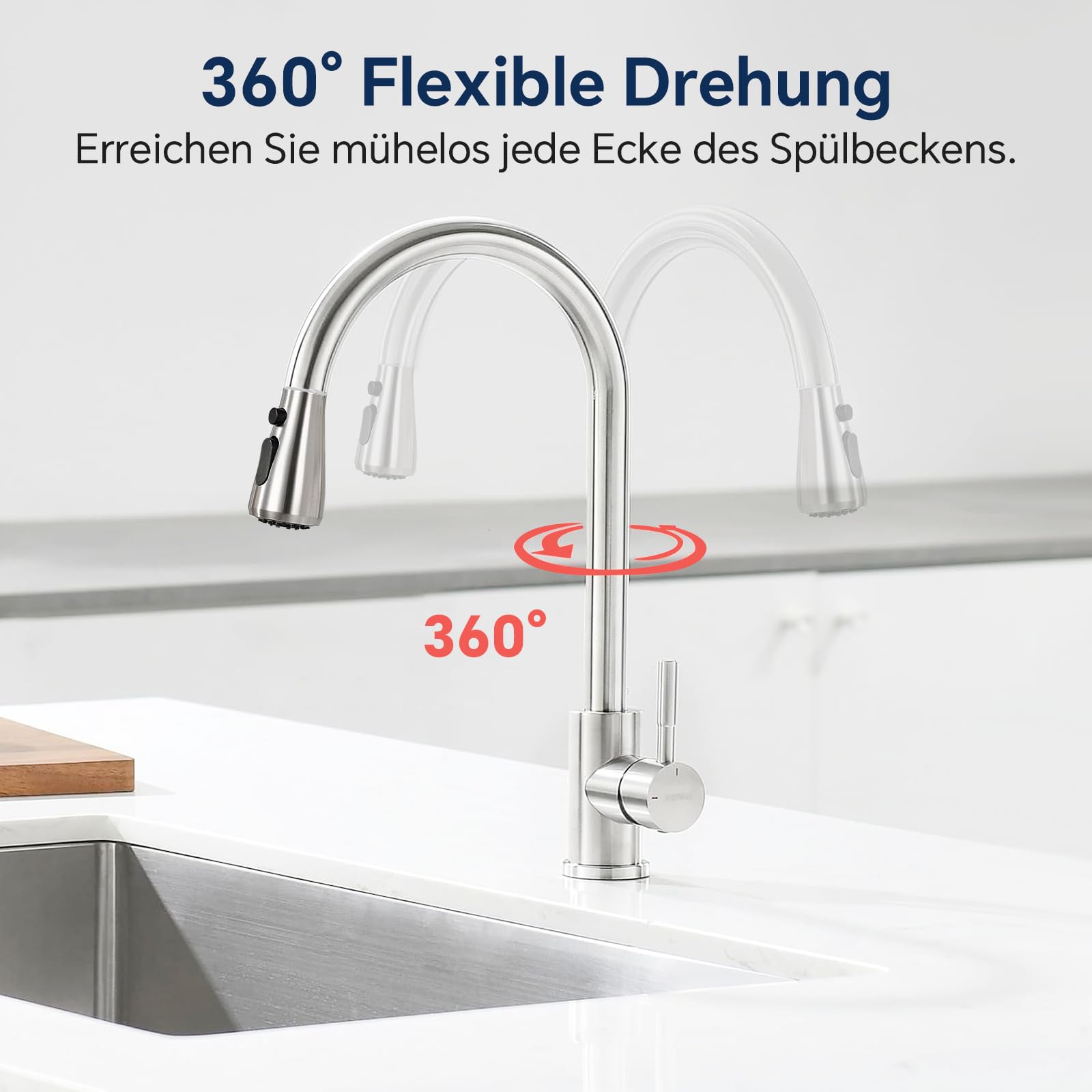 SURFOU Robinet Cuisine, Pulvérisateur Extractible 2+1 Modes, Rotatif à 360°, Mitigeur Chaud et Froid à Haute Pression en Acier Inoxydable, Design Moderne, Facile à Installer, Durable
