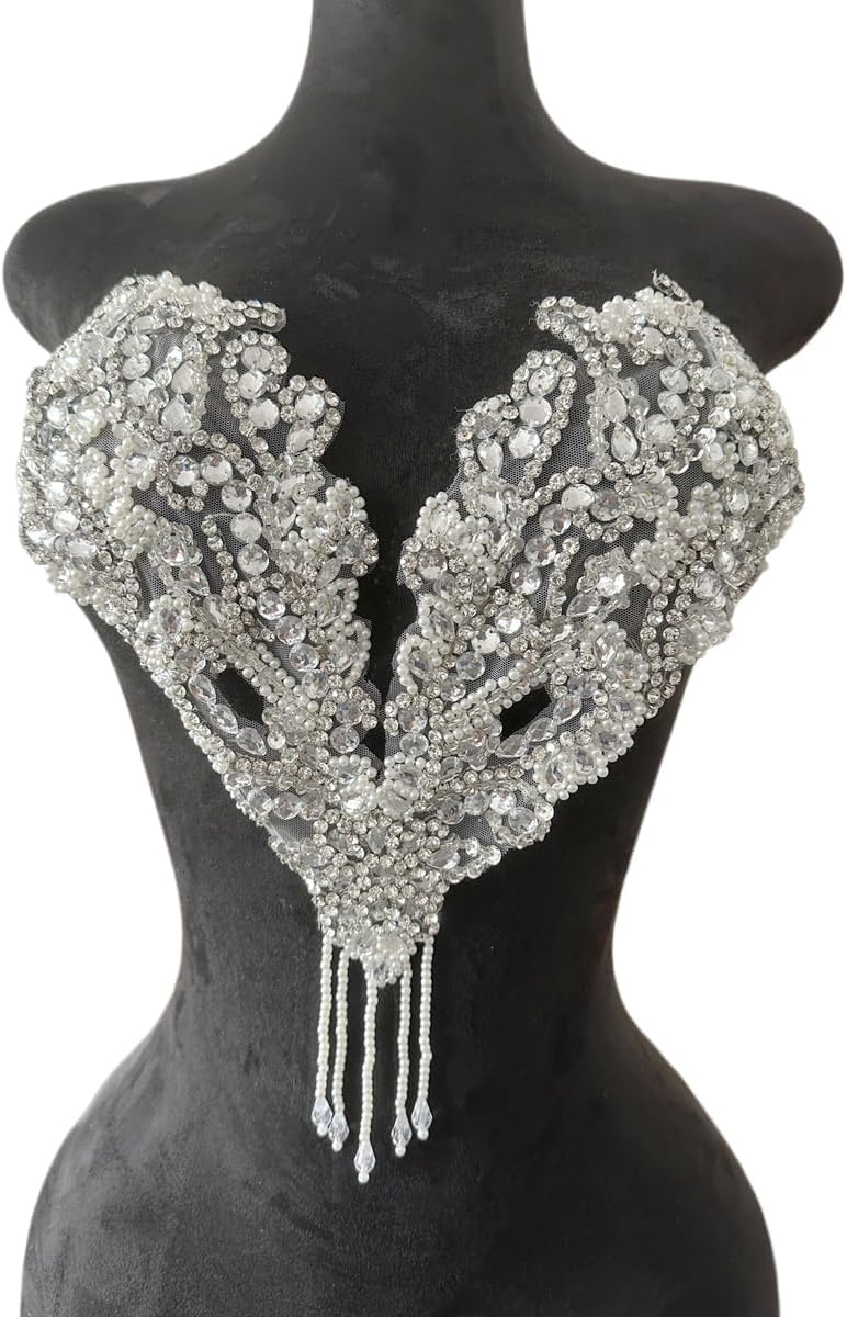 Pure Handmade Rhinestone Fringe Patch Trim Crystal Beaded Applique for Sewing Crafts Wedding Party Decoration Bridal Dress Accessories 14.5X14inches (Purple)