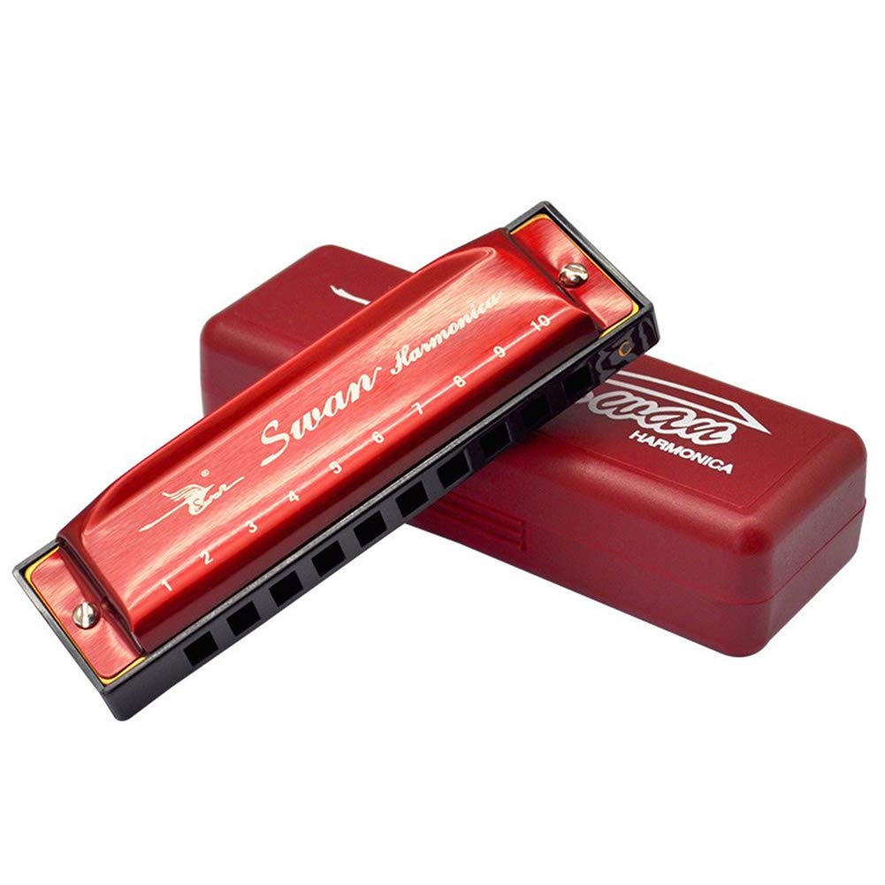 Harmonica Professional Harp Harmoc Key of C 10 Hole 20 Tone Polyphony Diatonic Mouth Organ with Case for Blues Folk Jazz Pop for Adult Kid Children Student Teaching Beginner Gift Red