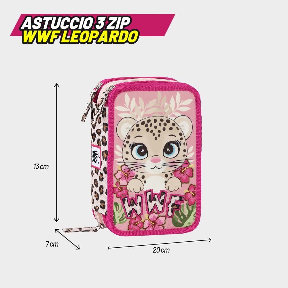 WWF - Astuccio Scuola Ufficiale WWF, Astuccio 3 Scomparti Bambino e Bambina con Set Cancelleria, Penna Cancellabile Blu e Pratica Chiusura a Zip, 20x13Hx7 cm