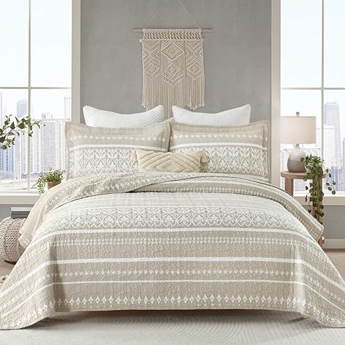 Juego de edredón tamaño king, 100% algodón, bohemio, patrón a rayas, colcha tamaño king, juego de cama ligero, colcha de todos los tiempos, juego de