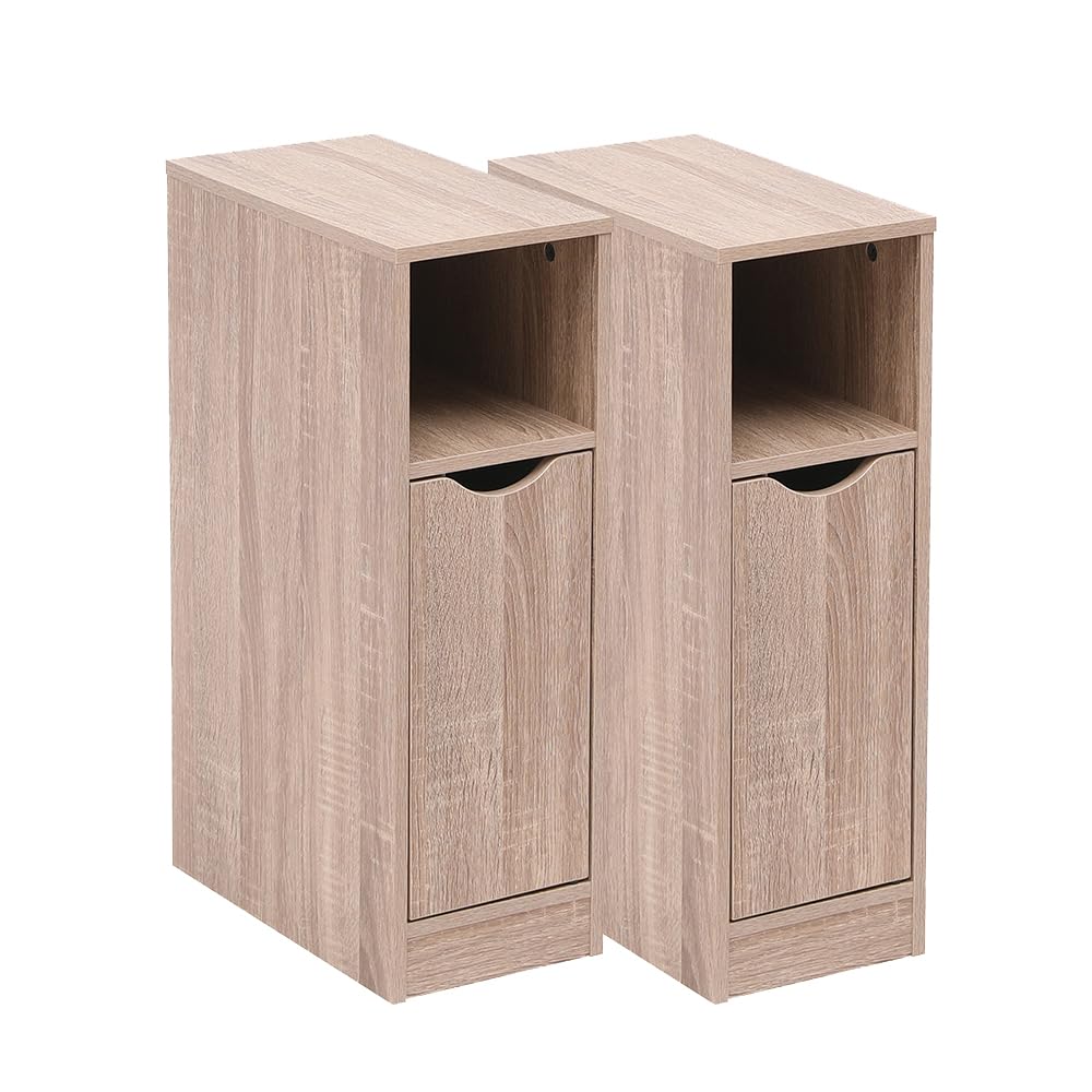Rainbow Tree Slim Tall Bedside Tables Set of 2 with Door & Storage Space for Bedroom, Narrow Sofa Side Table End Table for Living Room, Nightstand Walnut