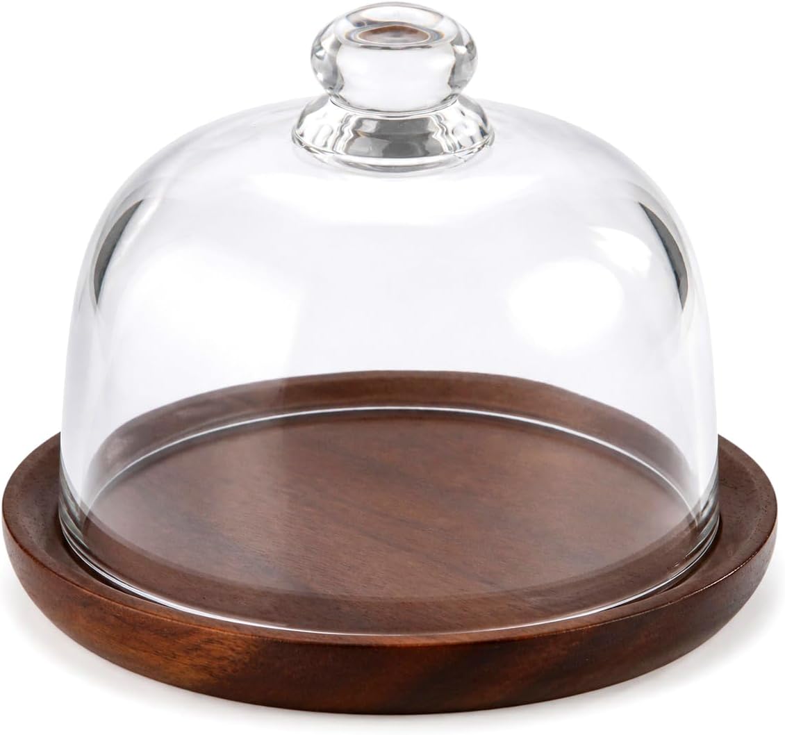 QWORK 6 Inch Small Cake Stand with Glass Dome, 6.1" Wood Serving Tray and Clear Cloche for Cupcakes, Dessert, Cheese, Pastry – Decorative Tabletop Display Plate