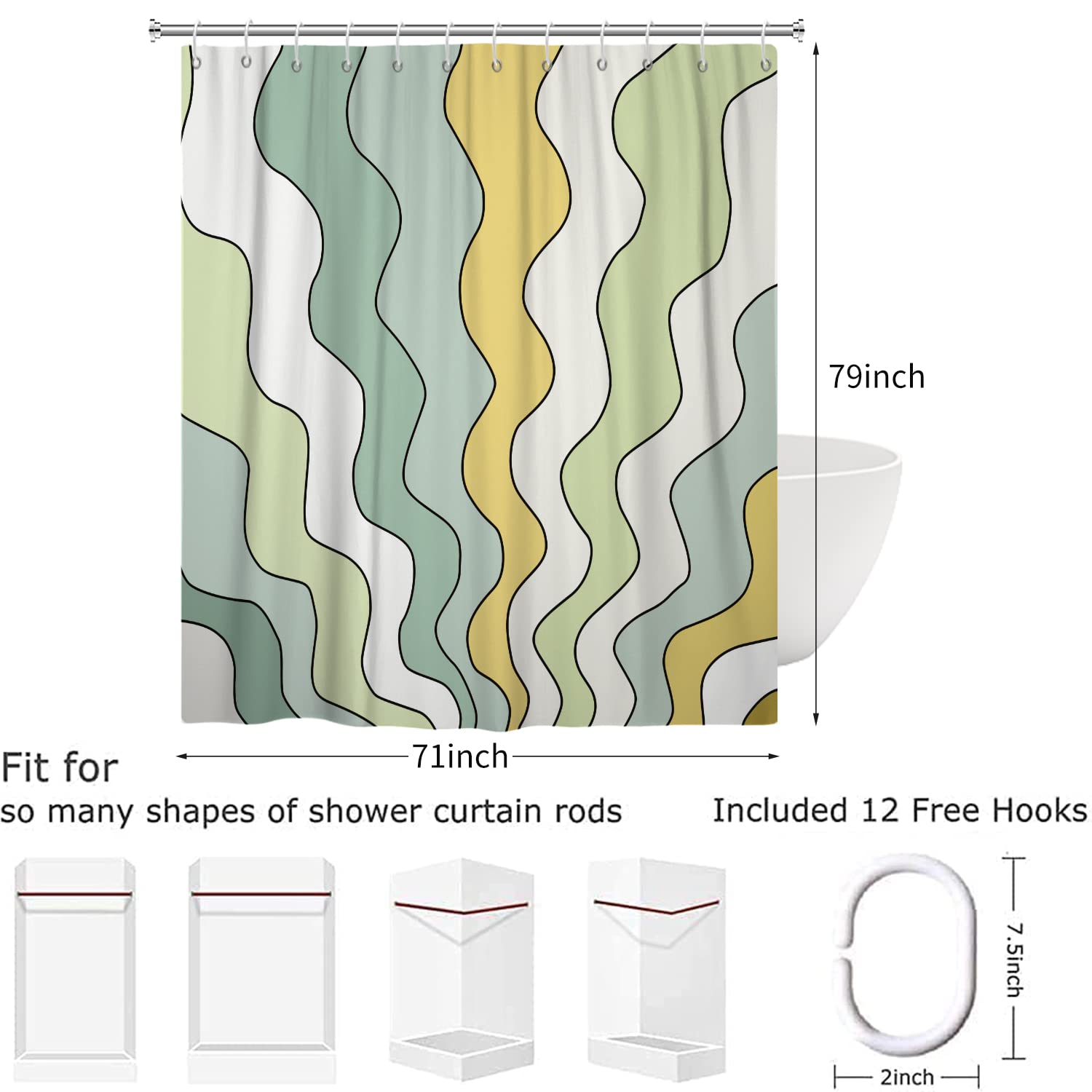 Duschvorhang Vintage Mit Abstraktem Regenbogen-Design – Wasserdicht, 180x200 Cm, Aus Polyester, Inkl. 12 Haken