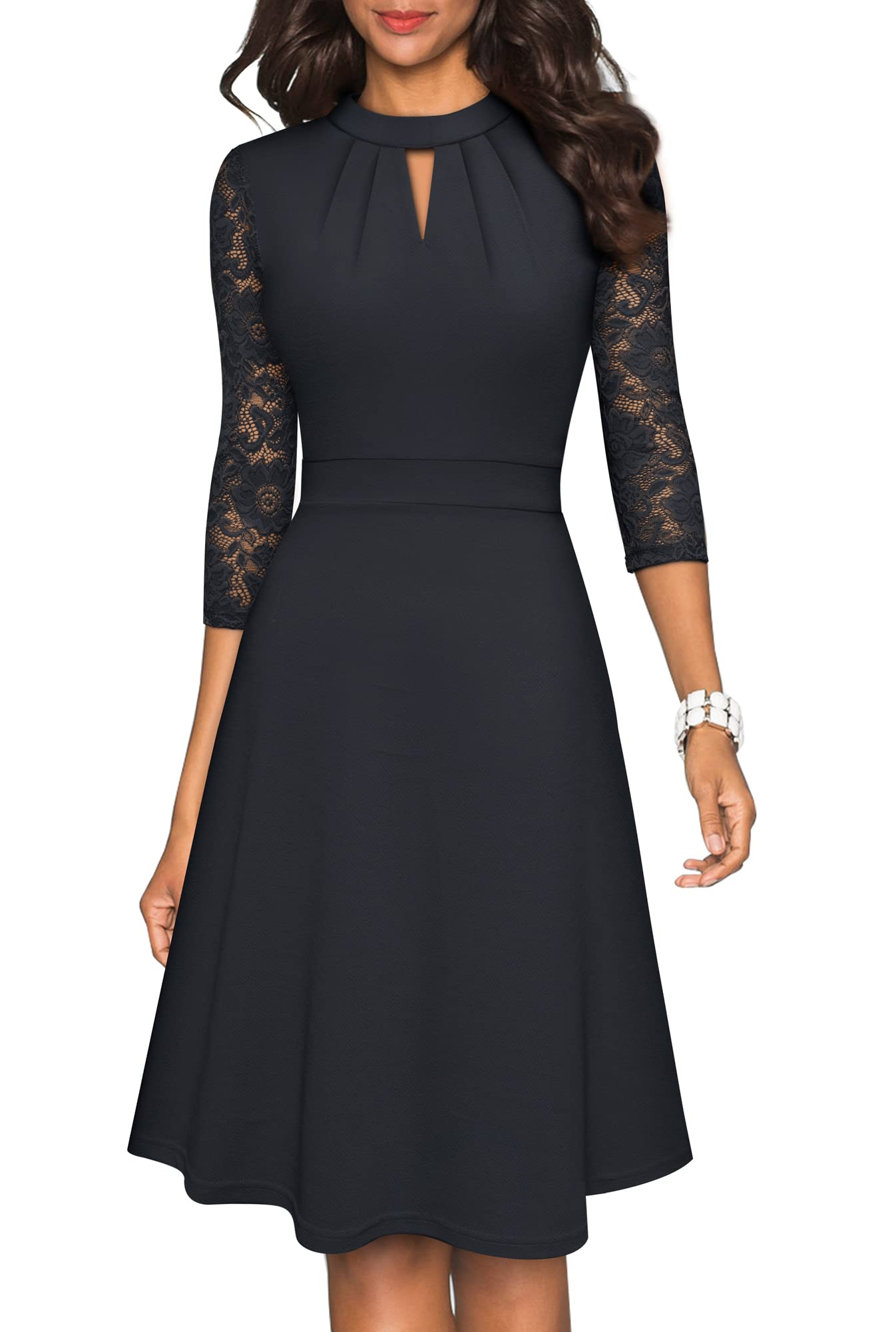 HOMEYEE Vestido de cóctel Plisado con Manga de Encaje Ahuecado para Mujer A234