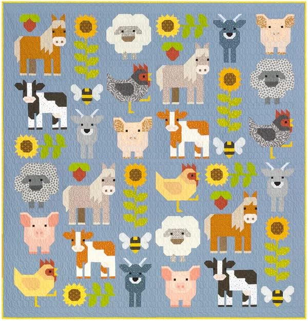 Elizabeth Hartman Fab Farm Quilt Pattern – Farm Animal Patchwork Pattern with Horse, Cow, Goat, Pig & Bee Blocks – Fat Quarter Friendly – Small or Large Sampler Quilt Design