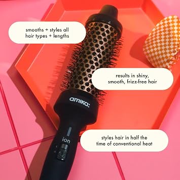 amika blowout babe thermal brush - hot brush for hair styling with 1.5 inch ceramic barrel + nylon bristles - heated hair styler + curler with ionic generator for frizz-free shine - up to 232 degrees