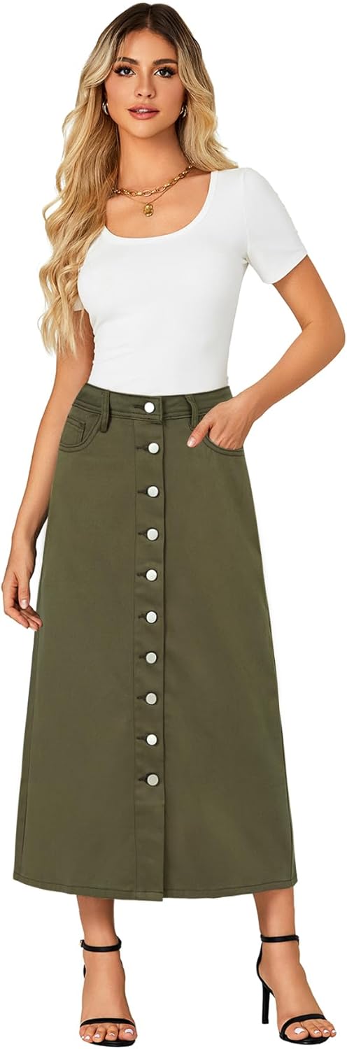 Vrtige Women's Casual Button Down High Waisted A Line Jean Midi Long Denim Skirt with Pockets - Image 6