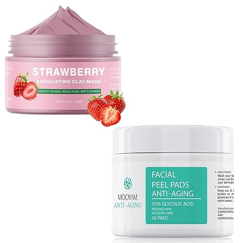Almohadillas de ácido glicólico al 35% para cara y cuerpo + máscara de arcilla de fresa para cara, mascarilla facial de arcilla rosa, cuidado de la