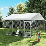 Rovibek 10x10 Ft Dog Kennel Outside, Outdoor Dog Kennel with Roof, Dog Kennels Outdoor with Steel Rotating Feeder Bowls, Outside Kennel for Large Dogs