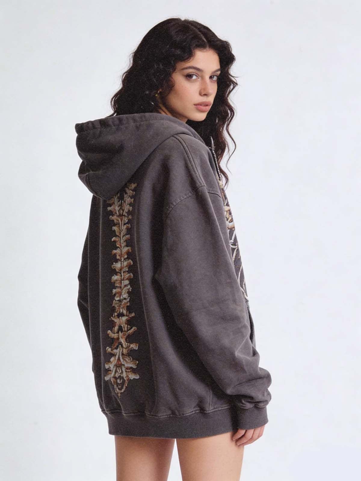 MLAFE Gothic Hooded Sweater Retro Bone Print Hooded sweatshirt Y2K zip-up jacket Grunge Hooded Sweater Harajuku upper garment: XX-Large Grey