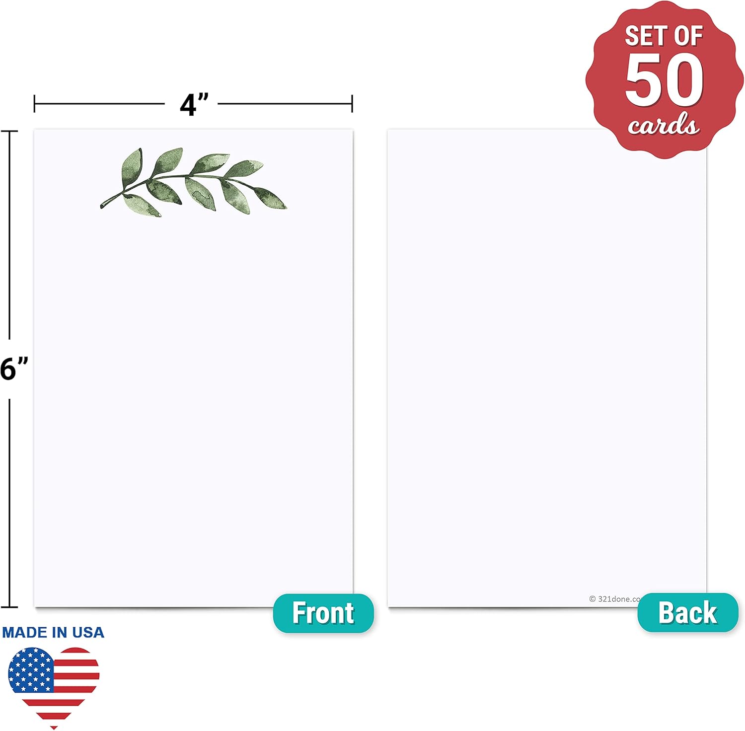 321Done Greenery Bundle: 4x6 Blank Note Cards and 3.5x2 Place Cards - Thick Cardstock, Rustic Green Leaves Design for Dinner, Wedding, Reception, Buffet, Party, Made in USA - White